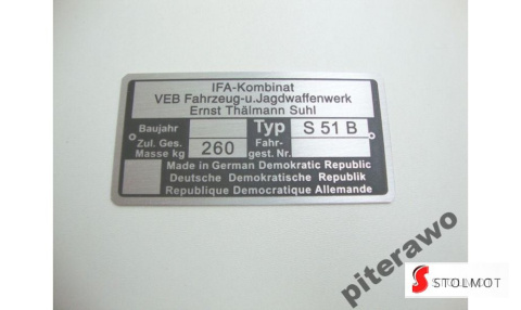 TABLICZKA ZNAMIONOWA SIMSON S51 B TABLICZKA ZNAMIONOWA SIMSON S51 B